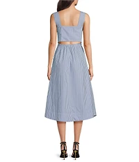 Donna Karan Stripe Cotton Poplin Square Neck Sleeveless Cutout Back Smocked A-Line Midi Dress