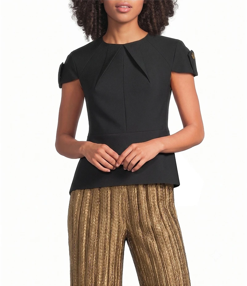 Donna Karan Structured City Double Knit Crew Neck Short Sleeve Peplum Blouse