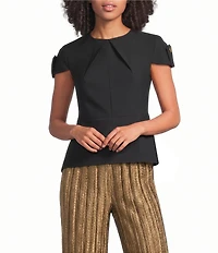 Donna Karan Structured City Double Knit Crew Neck Short Sleeve Peplum Blouse