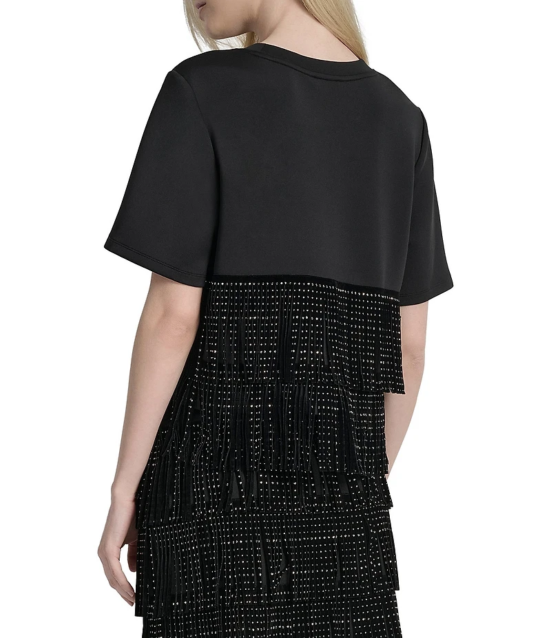Donna Karan Studded Fringe Crew Neck Short Sleeve Tee