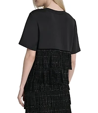 Donna Karan Studded Fringe Crew Neck Short Sleeve Tee