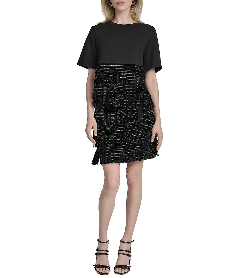 Donna Karan Studded Fringe Crew Neck Short Sleeve Tee