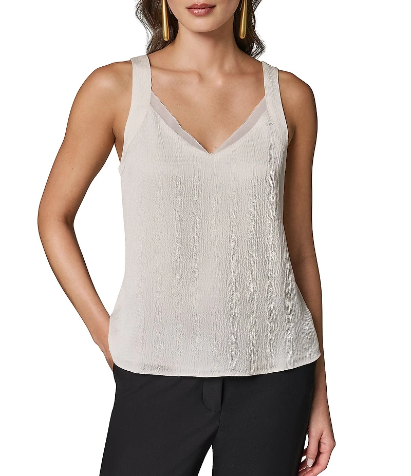 Donna Karan Textured Crepe de Chine Chiffon Trim V-Neck Sleeveless Shell