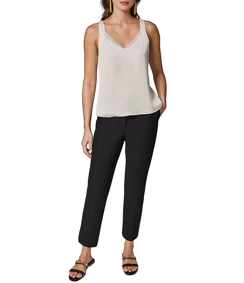 Donna Karan Textured Crepe de Chine Chiffon Trim V-Neck Sleeveless Shell