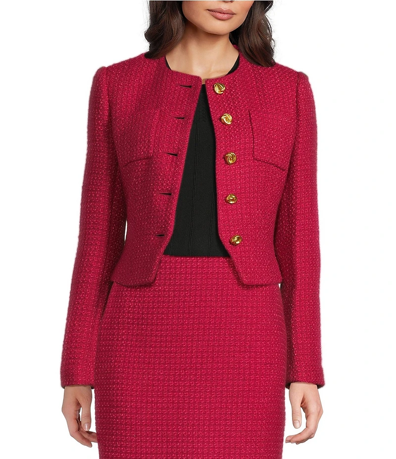 Donna Karan Tweed Crew Neck Button Front Cropped Jacket