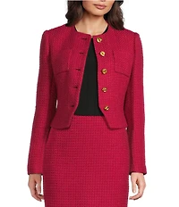 Donna Karan Tweed Crew Neck Button Front Cropped Jacket