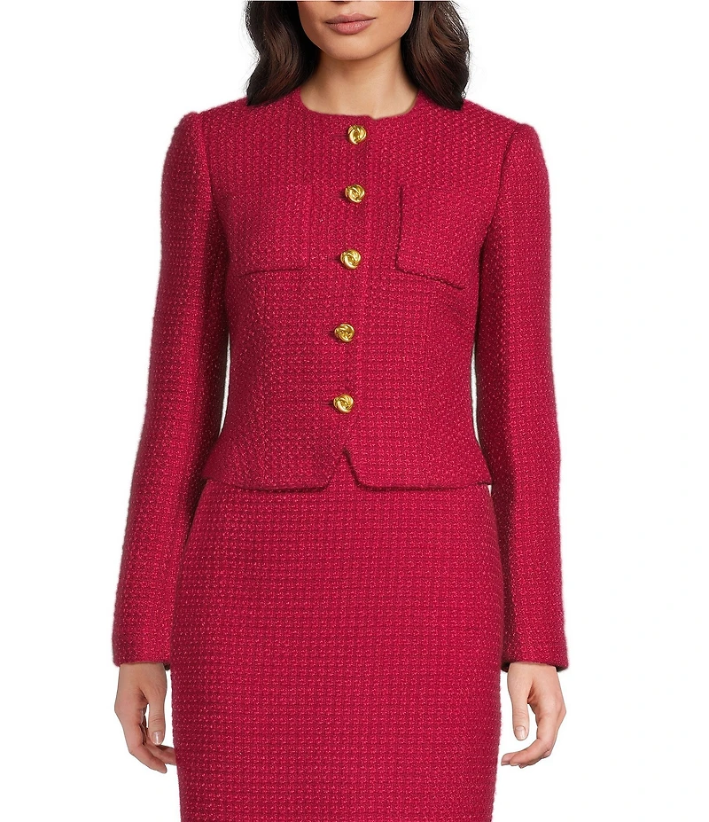 Donna Karan Tweed Crew Neck Button Front Cropped Jacket