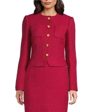 Donna Karan Tweed Crew Neck Button Front Cropped Jacket