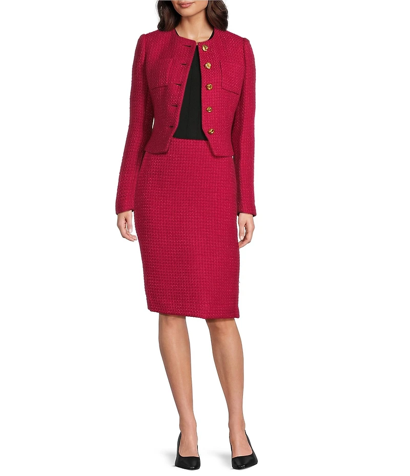 Donna Karan Tweed Crew Neck Button Front Cropped Jacket