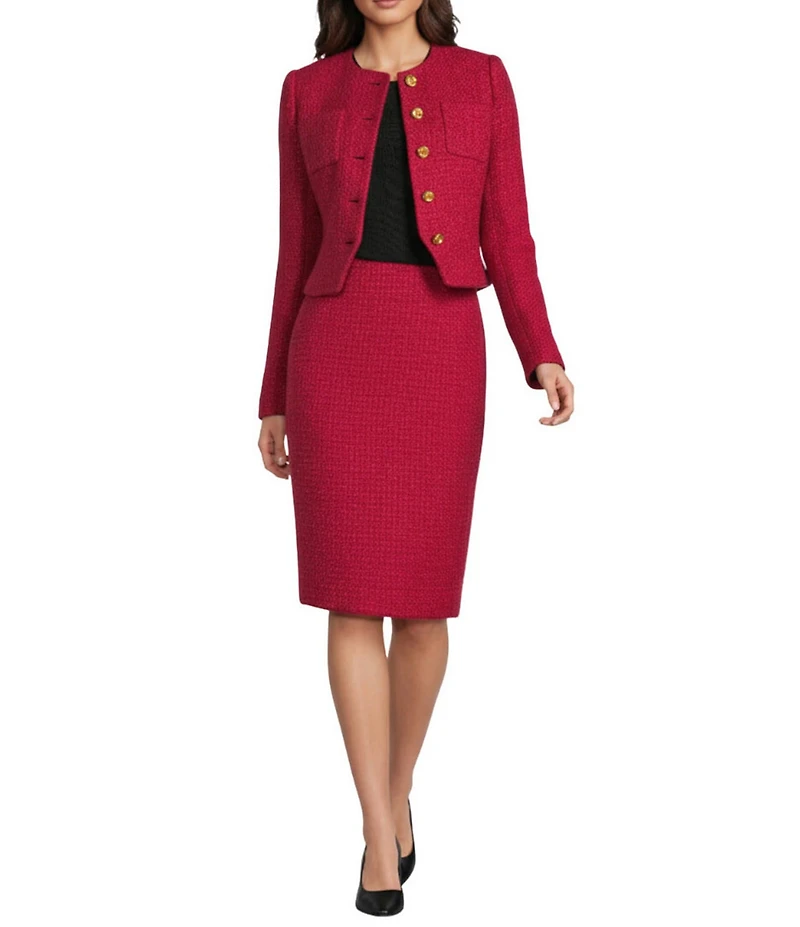 Donna Karan Tweed Crew Neck Button Front Cropped Jacket