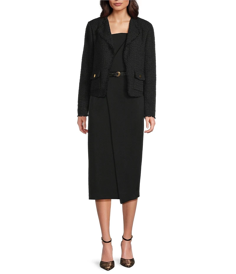 Donna Karan Tweed Notch Collar Long Sleeve Open Front Jacket