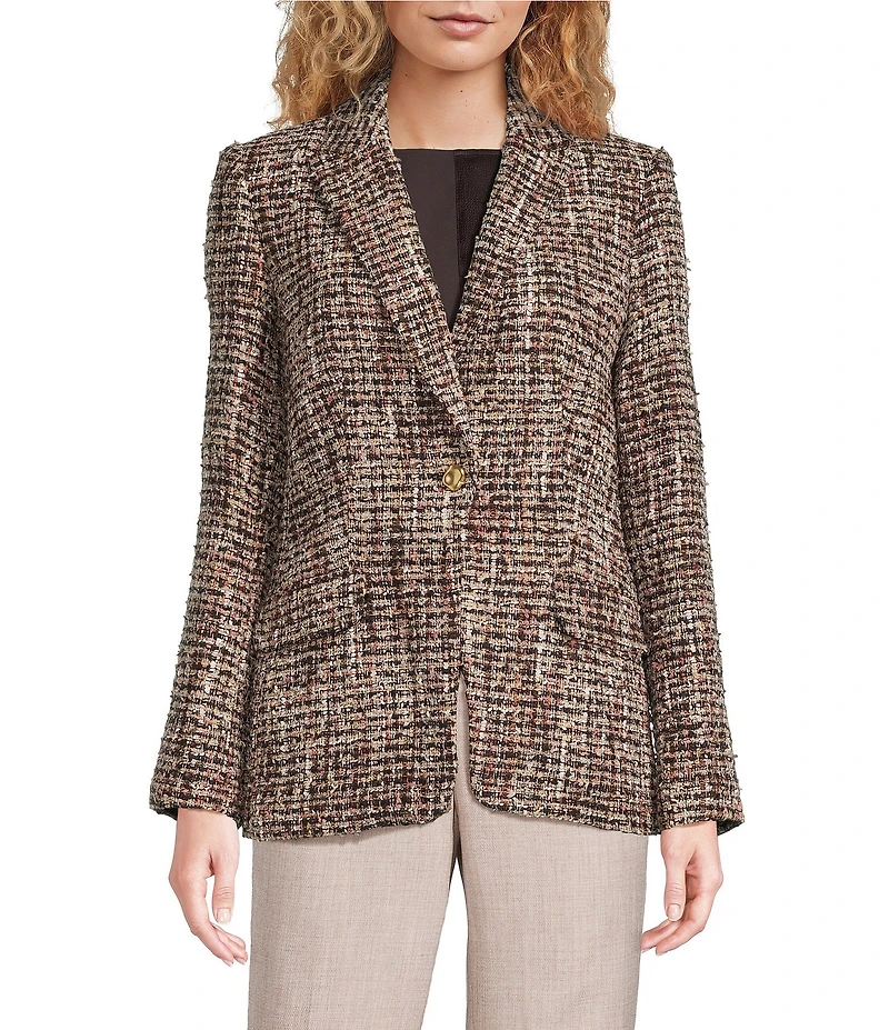 Donna Karan Tweed Notch Collard Long Sleeve One Button Jacket