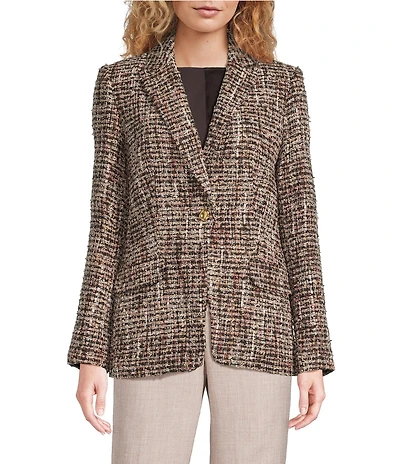 Donna Karan Tweed Notch Collard Long Sleeve One Button Jacket