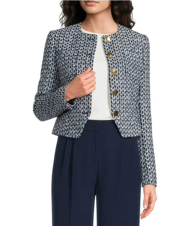 Donna Karan Tweed Round Neck Long Sleeve Button Front Cropped Blazer