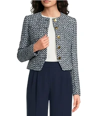 Donna Karan Tweed Round Neck Long Sleeve Button Front Cropped Blazer