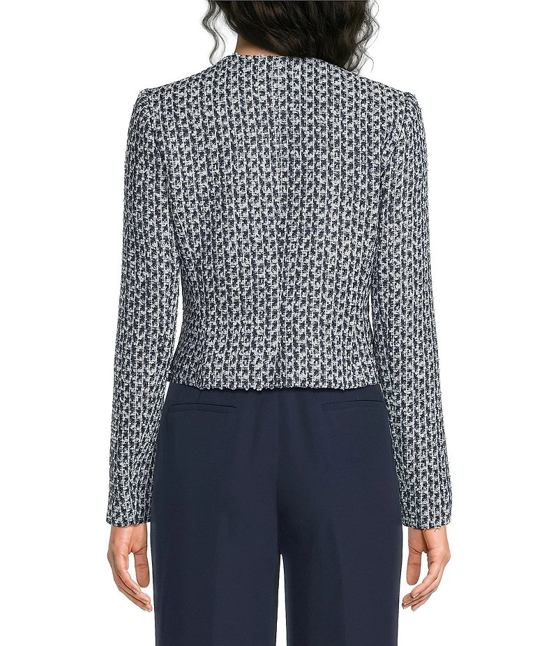 Donna Karan Tweed Round Neck Long Sleeve Button Front Cropped Blazer