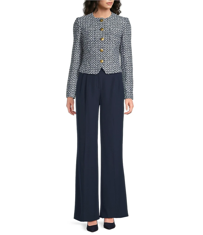 Donna Karan Tweed Round Neck Long Sleeve Button Front Cropped Blazer