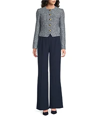 Donna Karan Tweed Round Neck Long Sleeve Button Front Cropped Blazer