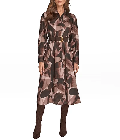 Donna Karan Twill Crew Neck Long Sleeve Belted Midi Shirt Dress
