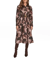 Donna Karan Twill Crew Neck Long Sleeve Belted Midi Shirt Dress