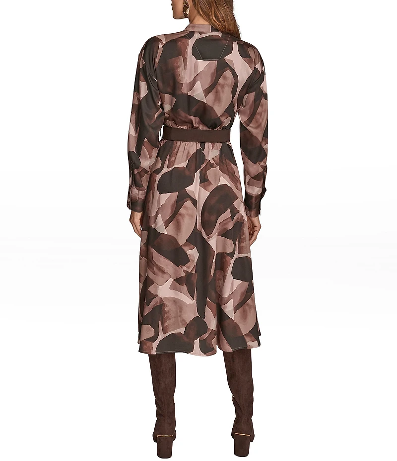 Donna Karan Twill Crew Neck Long Sleeve Belted Midi Shirt Dress