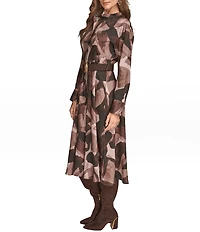 Donna Karan Twill Crew Neck Long Sleeve Belted Midi Shirt Dress