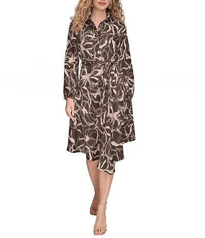 Donna Karan Twill Floral Print Belted Long Sleeve Shirt Dress