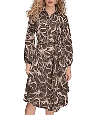 Donna Karan Twill Floral Print Belted Long Sleeve Shirt Dress