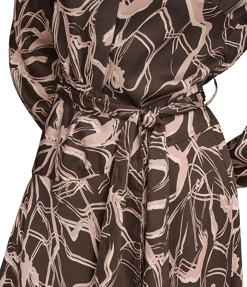 Donna Karan Twill Floral Print Belted Long Sleeve Shirt Dress
