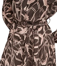 Donna Karan Twill Floral Print Belted Long Sleeve Shirt Dress