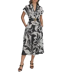 Donna Karan Twill V-Neck Belted Short Sleeve A-Line Floral Midi Dress