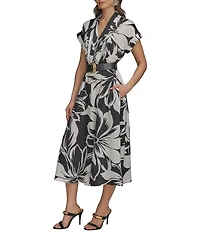 Donna Karan Twill V-Neck Belted Short Sleeve A-Line Floral Midi Dress