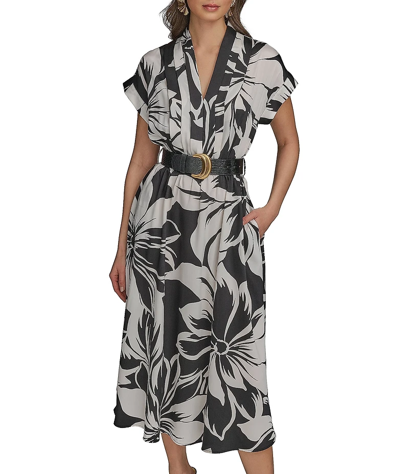 Donna Karan Twill V-Neck Belted Short Sleeve A-Line Floral Midi Dress