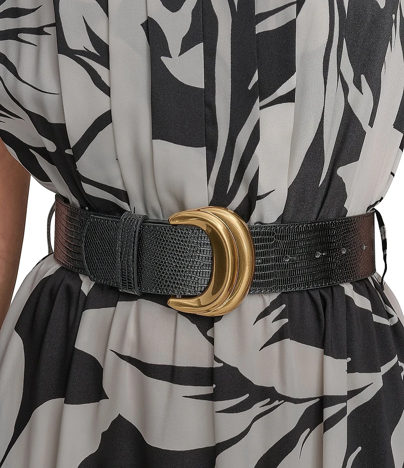 Donna Karan Twill V-Neck Belted Short Sleeve A-Line Floral Midi Dress