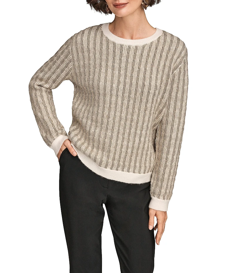 Donna Karan Two Tone Metallic Knit Crew Neck Long Sleeve Sweater