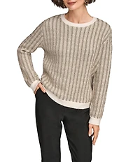 Donna Karan Two Tone Metallic Knit Crew Neck Long Sleeve Sweater