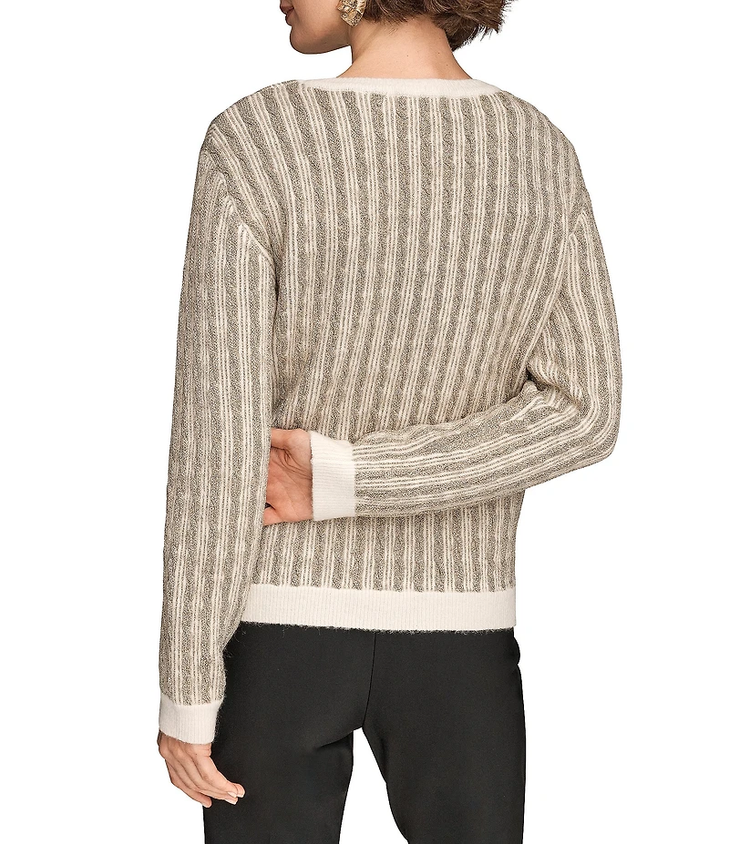 Donna Karan Two Tone Metallic Knit Crew Neck Long Sleeve Sweater