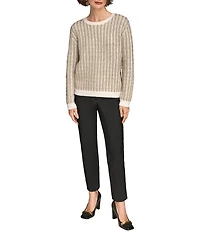 Donna Karan Two Tone Metallic Knit Crew Neck Long Sleeve Sweater