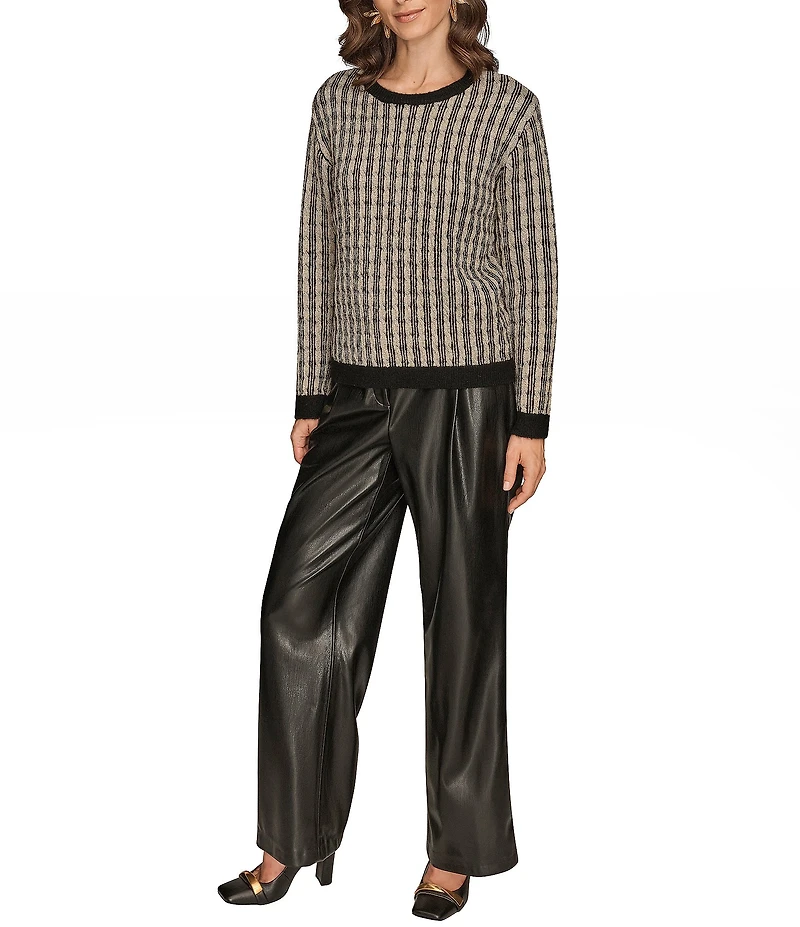 Donna Karan Two Tone Metallic Knit Crew Neck Long Sleeve Sweater