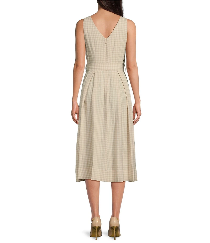 Donna Karan V-Neck Belted Gingham A-Line Midi Dress