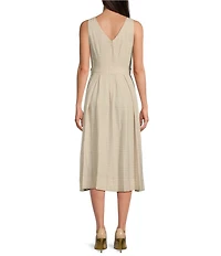 Donna Karan V-Neck Belted Gingham A-Line Midi Dress