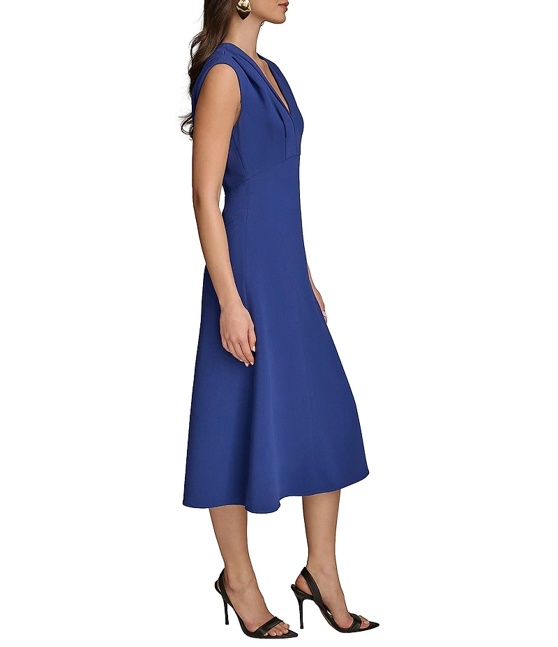 Donna Karan V-Neck Cap Sleeve Cady Crepe A-Line Midi Dress