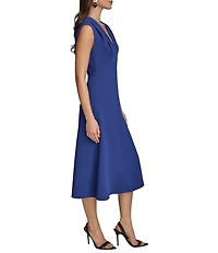 Donna Karan V-Neck Cap Sleeve Cady Crepe A-Line Midi Dress
