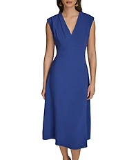 Donna Karan V-Neck Cap Sleeve Cady Crepe A-Line Midi Dress