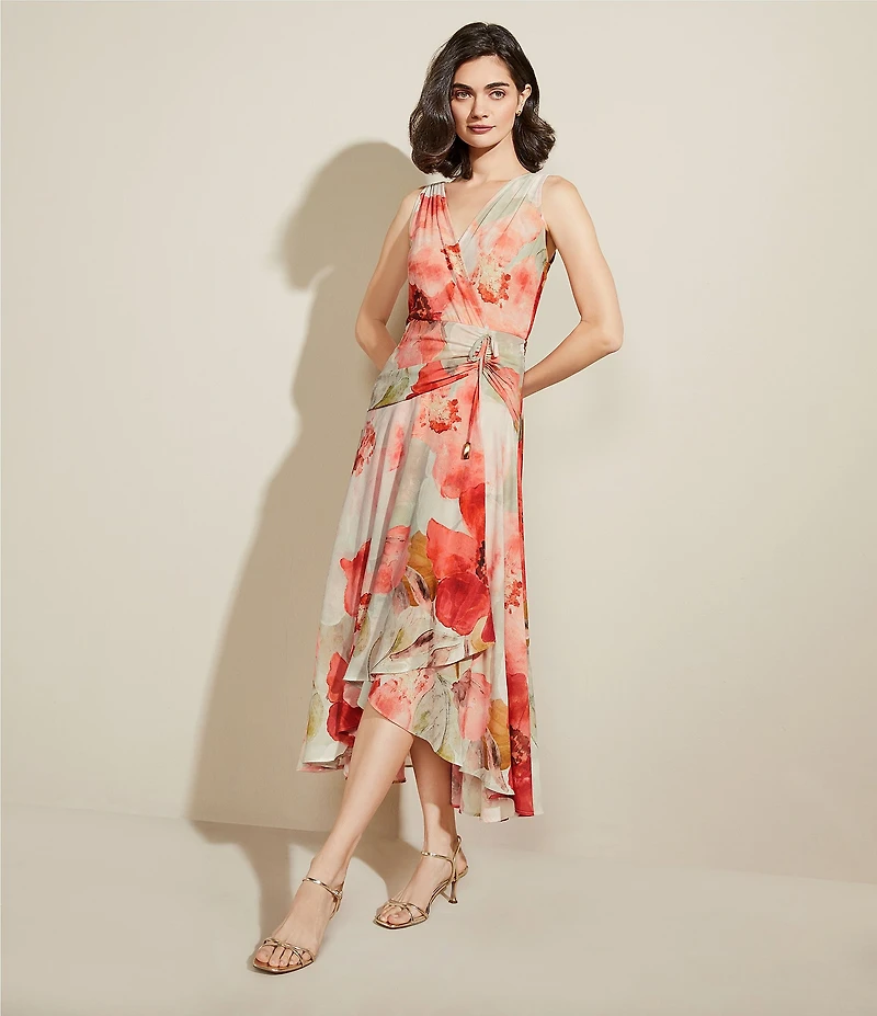 Donna Karan V-Neck Floral Print Sleeveless Chiffon Wrap Midi Dress