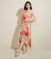 Donna Karan V-Neck Floral Print Sleeveless Chiffon Wrap Midi Dress