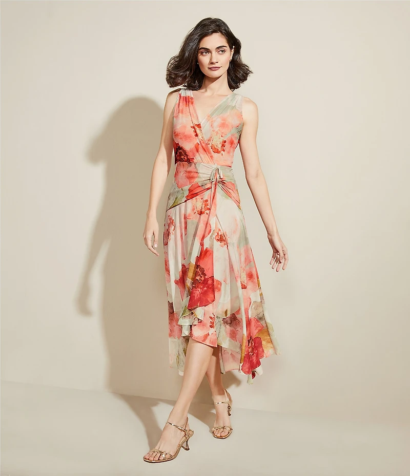 Donna Karan V-Neck Floral Print Sleeveless Chiffon Wrap Midi Dress