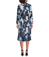 Donna Karan V-Neck Long Sleeve Belted Fit and Flare Midi Dress