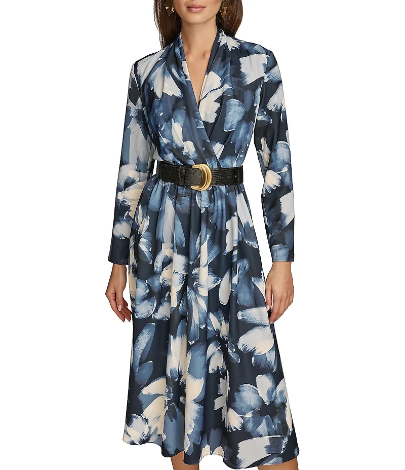 Donna Karan V-Neck Long Sleeve Belted Fit and Flare Midi Dress