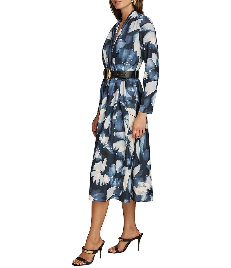 Donna Karan V-Neck Long Sleeve Belted Fit and Flare Midi Dress